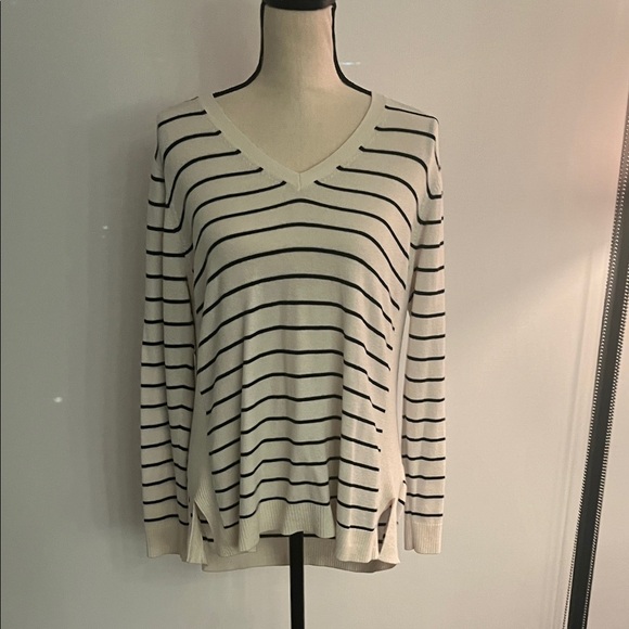 GAP Sweaters - GAP Cream and Black Striped V-Neck Sweater